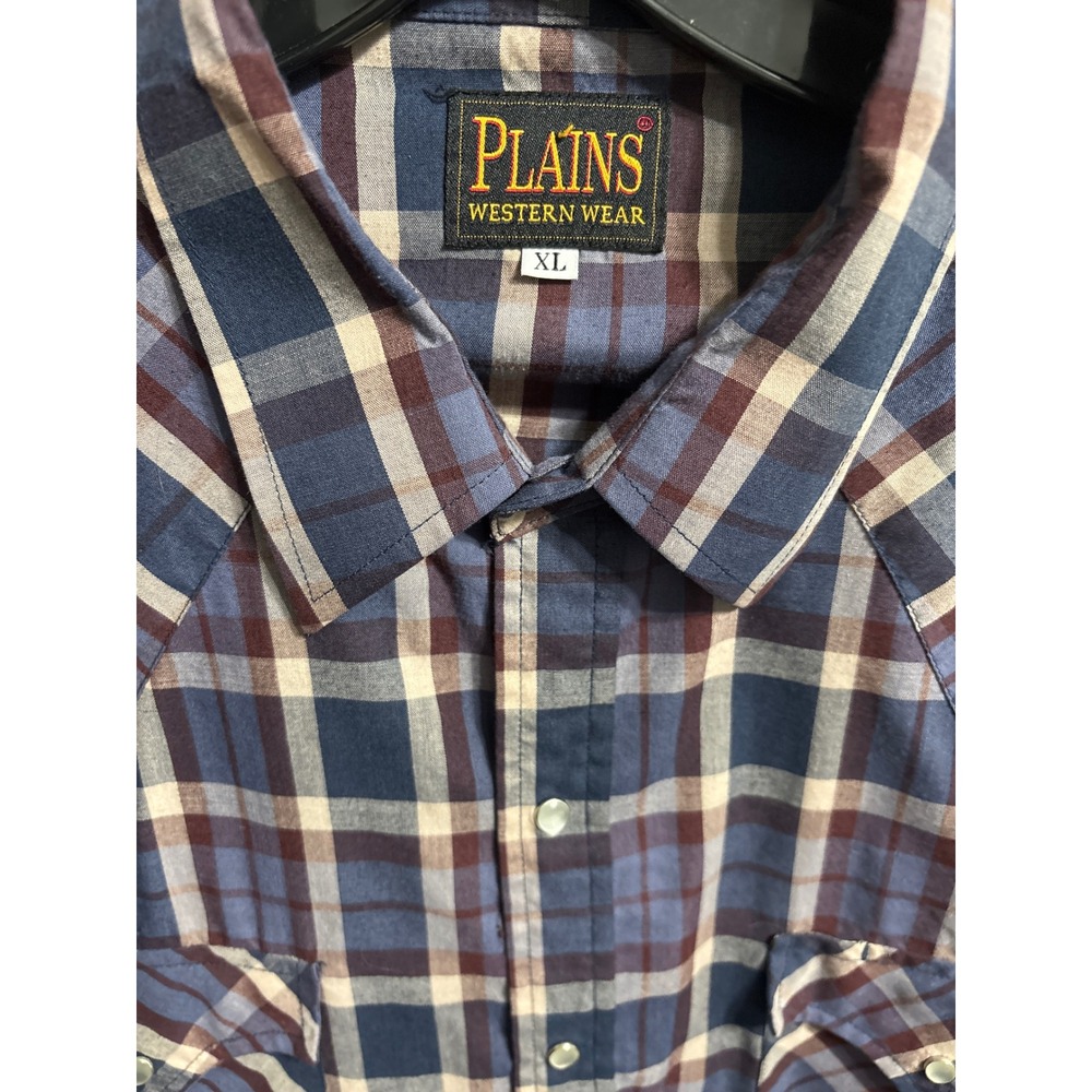 Plains Western Wear Mens XL Pearl Snap Shirt Blue Burgundy Plaid Long Sleeve